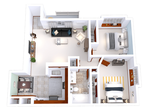 Floor plan for 2 beds, 1 bath, 971 sqft